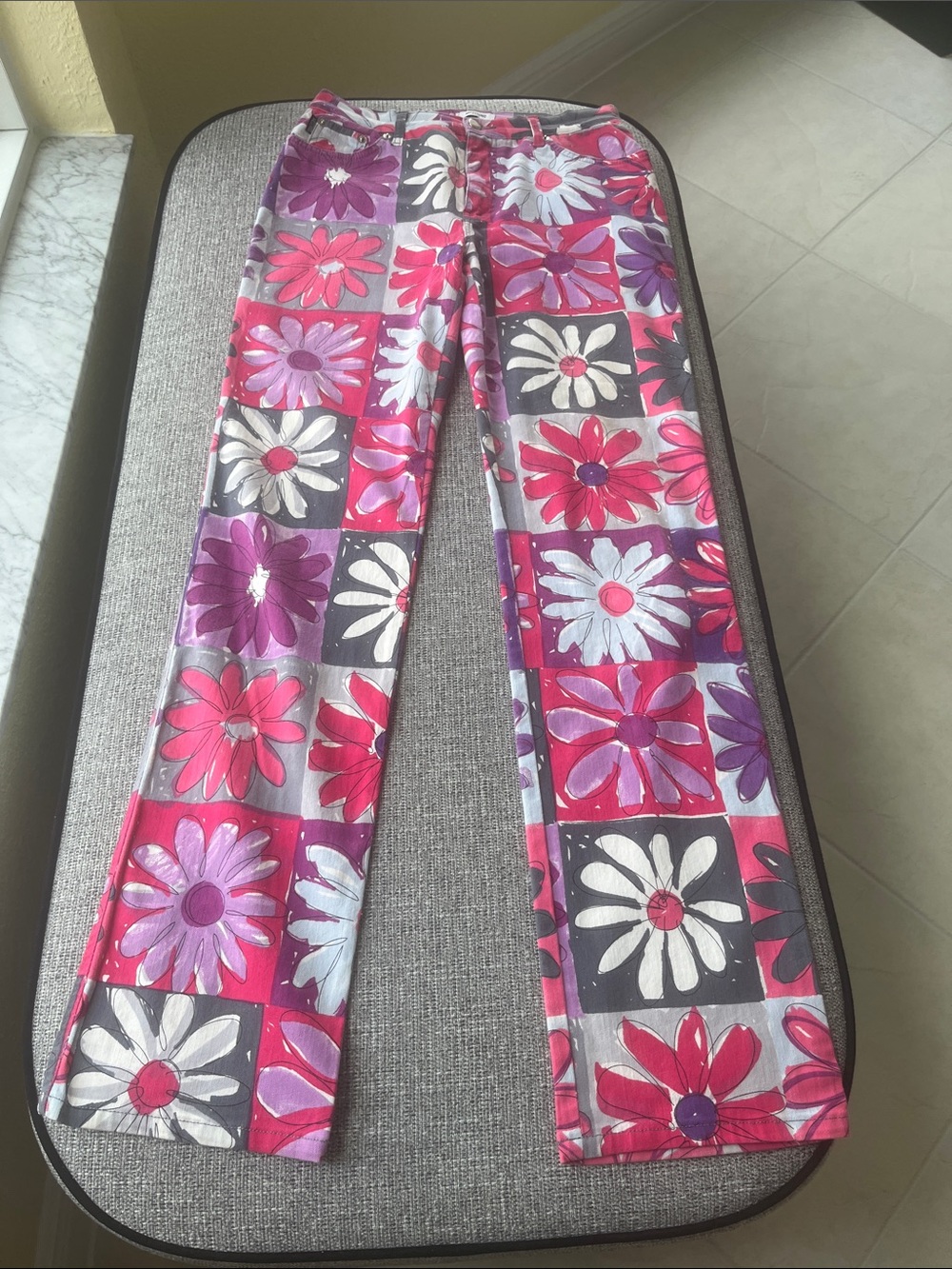 Moschino Pink Purple Floral Tile Straight-Leg Pants